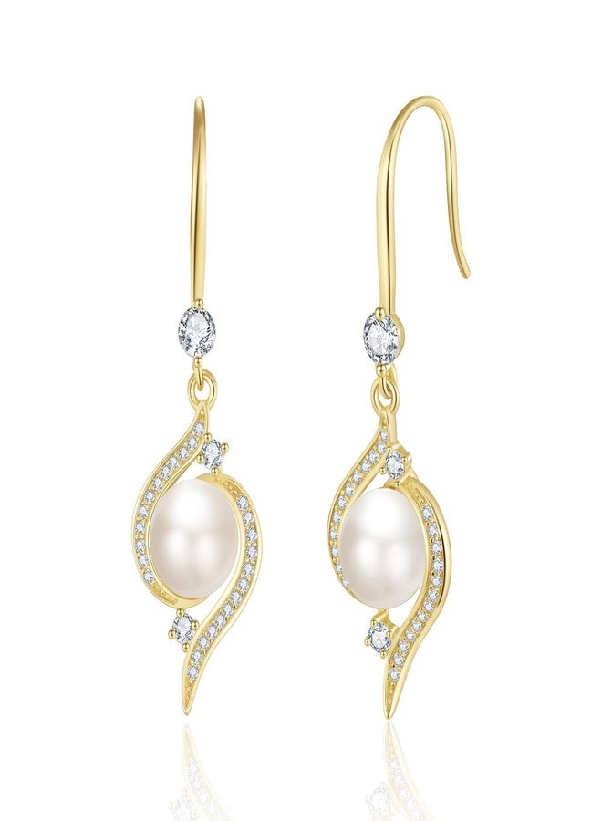 SUNFEEL Dangle Pearl Earrings for Women, 925 Sterling Silver 14K Gold Plated CZ Pearl Drop Earrings for Bridal Party Wedding Studs SUNFEEL Jewelry Hypoallergenic (Gold) - Image 1